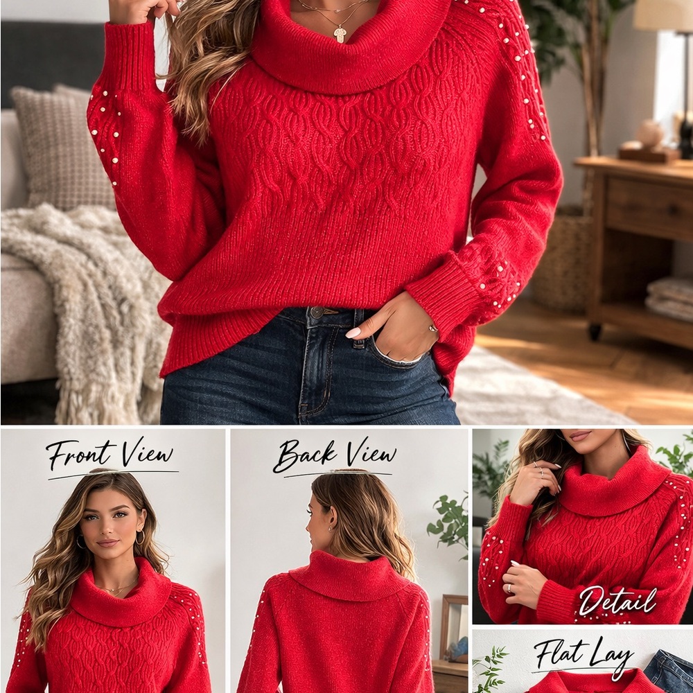 crown & ivy Red Cable-Knit Cowl Neck Sweater with Pearl Sleeve Accents